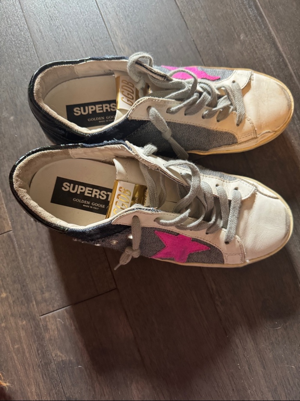Golden Goose Superstar Sneakers in White, Gray, Denim & Pink with Bag